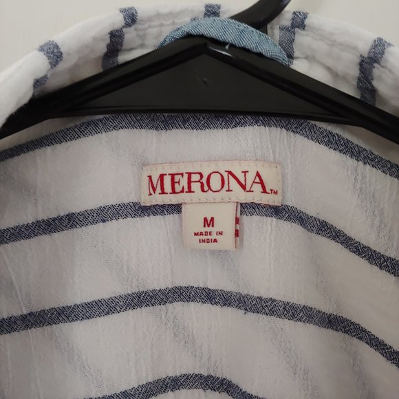 merona blue and white striped summer button-up tank top w/ pocket - Picture 5 of 7